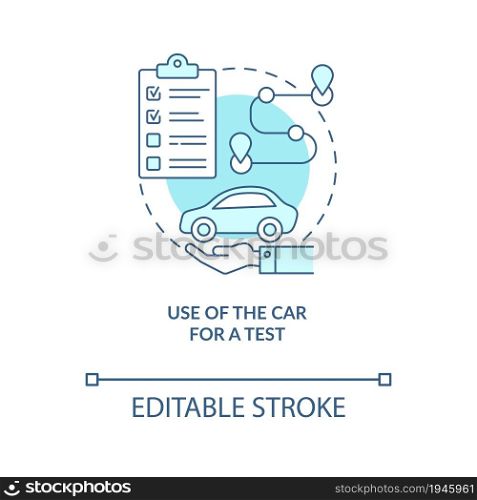 Use of car for test blue concept icon. Road examination service abstract idea thin line illustration. Driving school. Automobile riding course. Vector isolated outline color drawing. Editable stroke. Use of car for test blue concept icon