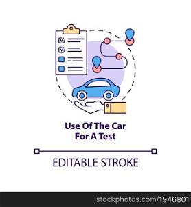 Use of car for test concept icon. Road examination service abstract idea thin line illustration. Driving school. Automobile riding course. Vector isolated outline color drawing. Editable stroke. Use of car for test concept icon