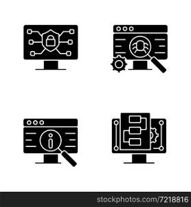 Use of digital technologies black glyph icons set on white space. Staying safe online. Software testing. Product promotion. Digital project management. Silhouette symbols. Vector isolated illustration. Use of digital technologies black glyph icons set on white space