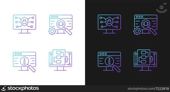 Use of digital technologies gradient icons set for dark and light mode. Staying safe online. Thin line contour symbols bundle. Isolated vector outline illustrations collection on black and white. Use of digital technologies gradient icons set for dark and light mode