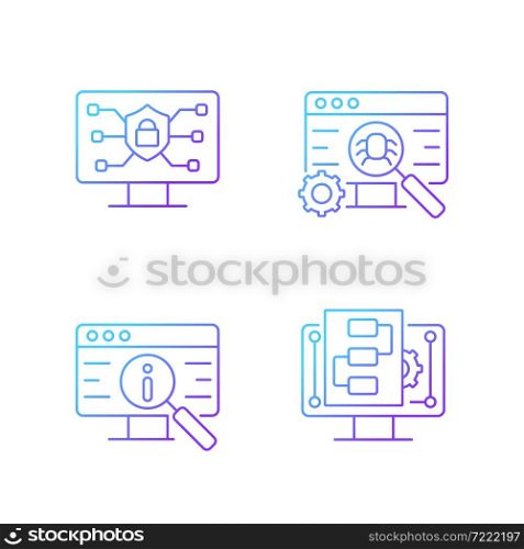 Use of digital technologies gradient linear vector icons set. Staying safe online. Software testing. Product promotion. Thin line contour symbols bundle. Isolated outline illustrations collection. Use of digital technologies gradient linear vector icons set