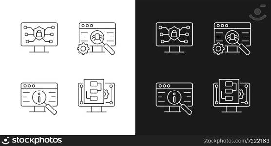 Use of digital technologies linear icons set for dark and light mode. Staying safe online. Software testing. Customizable thin line symbols. Isolated vector outline illustrations. Editable stroke. Use of digital technologies linear icons set for dark and light mode