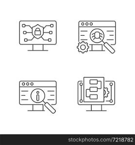 Use of digital technologies linear icons set. Staying safe online. Software testing. Product promotion. Customizable thin line contour symbols. Isolated vector outline illustrations. Editable stroke. Use of digital technologies linear icons set