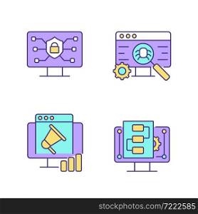 Use of digital technologies RGB color icons set. Staying safe online. Software testing. Product promotion. Isolated vector illustrations. Simple filled line drawings collection. Editable stroke. Use of digital technologies RGB color icons set
