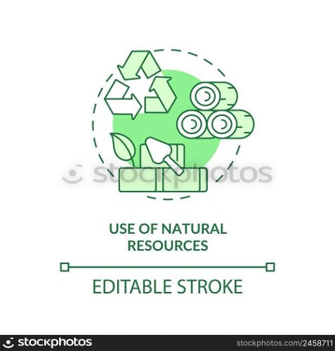 Use of natural resources green concept icon. Eco-friendly architecture principle abstract idea thin line illustration. Isolated outline drawing. Editable stroke. Arial, Myriad Pro-Bold fonts used. Use of natural resources green concept icon