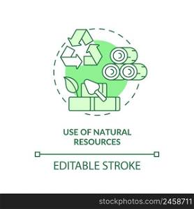 Use of natural resources green concept icon. Eco-friendly architecture principle abstract idea thin line illustration. Isolated outline drawing. Editable stroke. Arial, Myriad Pro-Bold fonts used. Use of natural resources green concept icon