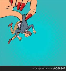Use of other peoples means and forces. Dominance of one sex over the other. A man in a suit is held by a womans huge hand with a manicure. Comic cartoon pop art retro vector illustration hand drawing. Use of other peoples means and forces. Dominance of one sex over the other. A man in a suit is held by a womans huge hand with a manicure.