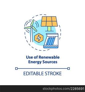 Use of renewable energy sources concept icon. Circular economy pros abstract idea thin line illustration. Zero emissions. Isolated outline drawing. Editable stroke. Arial, Myriad Pro-Bold fonts used. Use of renewable energy sources concept icon
