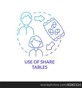 Use of share tables blue gradient concept icon. School lunch program importance abstract idea thin line illustration. Reduce food waste. Isolated outline drawing. Myriad Pro-Bold font used. Use of share tables blue gradient concept icon