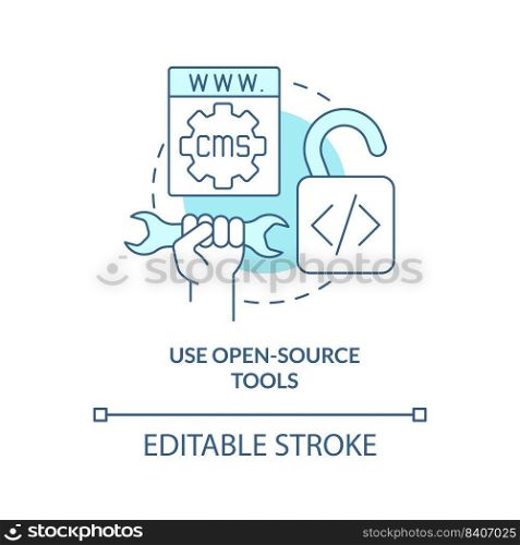 Use open-source tools turquoise concept icon. Professional looking website design abstract idea thin line illustration. Isolated outline drawing. Editable stroke. Arial, Myriad Pro-Bold fonts used. Use open-source tools turquoise concept icon