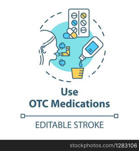 Use OTC medication concept icon. Cough syrup. Flu medication. Influenza treatment. Healthcare idea thin line illustration. Vector isolated outline RGB color drawing. Editable stroke