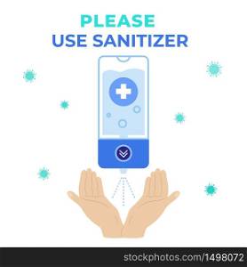 Use sanitizer icon. Alcohol Gel Dispenser, infection control hygiene concept. Sanitizers Cleaning with Antiseptic Product and hands. Prevention against Coronavirus, Germs and Infection isolated.. Use sanitizer to stay away from germs and viruses. Protection from Covid-19 virus.