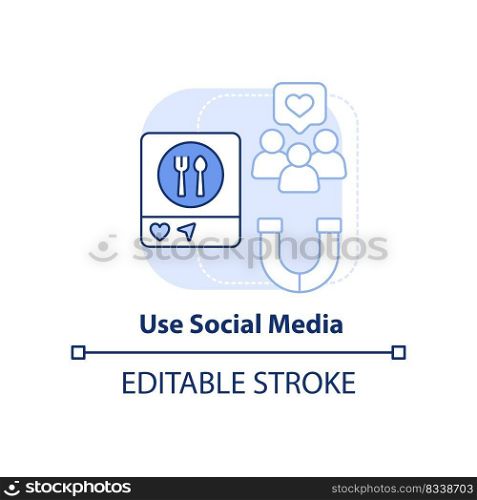 Use social media light blue concept icon. Attract customers to restaurant abstract idea thin line illustration. Isolated outline drawing. Editable stroke. Arial, Myriad Pro-Bold fonts used. Use social media light blue concept icon