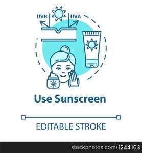 Use sunscreen, SPF cream, sunblock cosmetics concept icon. Skin care, sun protection products idea thin line illustration. Vector isolated outline RGB color drawing. Editable stroke