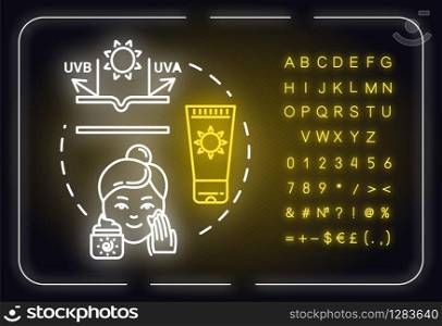 Use sunscreen, sun protection neon light concept icon. Facial skin care, sunblock cosmetics idea. Outer glowing sign with alphabet, numbers and symbols. Vector isolated RGB color illustration
