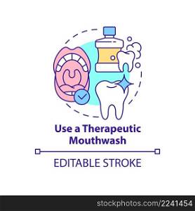 Use therapeutic mouthwash concept icon. Periodontitis prevention abstract idea thin line illustration. Reducing bacteria. Isolated outline drawing. Editable stroke. Arial, Myriad Pro-Bold fonts used. Use therapeutic mouthwash concept icon