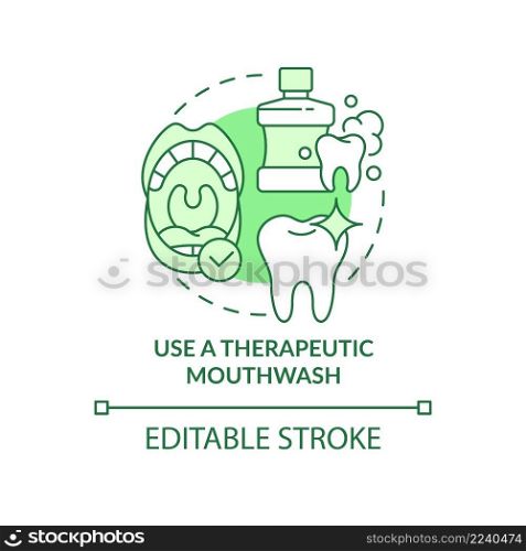 Use therapeutic mouthwash green concept icon. Plaque buildup removal abstract idea thin line illustration. Isolated outline drawing. Editable stroke. Arial, Myriad Pro-Bold fonts used. Use therapeutic mouthwash green concept icon