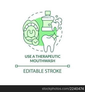 Use therapeutic mouthwash green concept icon. Plaque buildup removal abstract idea thin line illustration. Isolated outline drawing. Editable stroke. Arial, Myriad Pro-Bold fonts used. Use therapeutic mouthwash green concept icon