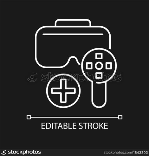 Use with game controller white linear manual label icon for dark theme. Thin line customizable illustration. Isolated vector contour symbol for night mode for product use instructions. Editable stroke. Use with game controller white linear manual label icon for dark theme