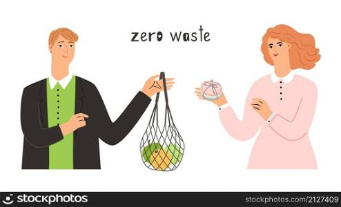 Use zero waste goods. Man hold textile bag, woman with hand made soap. Safety products, eco vector concept. Use zero waste goods