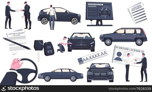 Used auto sale set of isolated icons and flat images of automobiles with people and paperwork vector illustration