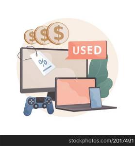 Used electronics trading abstract concept vector illustration. Electronics trade online, buying used gadget, second-hand device purchasing, pre-owned goods, sell old smartphone abstract metaphor.. Used electronics trading abstract concept vector illustration.