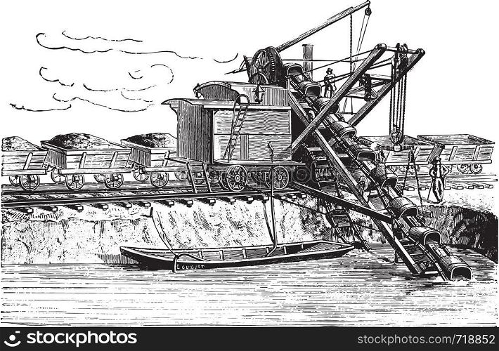Used excavator digging the new bed of the Danube, vintage engraved illustration. Industrial encyclopedia E.-O. Lami - 1875.