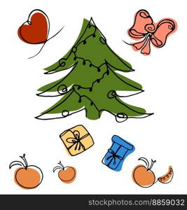 Used for Christmas cards, web elements, fabrics and covers. Vector illustration for the holiday. Set for Christmas and New Year Tangerines around the Christmas tree, Bow and Heart, colorful gifts