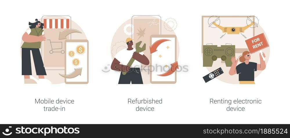 Used gadgets abstract concept vector illustration set. Mobile device trade-in, refurbished mobile phone, renting electronics website, buyback electronics, eco-friendly smartphone abstract metaphor.. Used gadgets abstract concept vector illustrations.