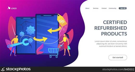 Used gadgets sale, special offer for clients. Refurbished device, certified refurbished products, purchasing of repaired electronics concept. Website homepage landing web page template.. Refurbished device concept landing page.