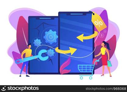 Used gadgets sale, special offer for clients. Refurbished device, certified refurbished products, purchasing of repaired electronics concept. Bright vibrant violet vector isolated illustration. Refurbished device concept vector illustration.