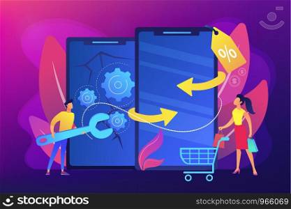 Used gadgets sale, special offer for clients. Refurbished device, certified refurbished products, purchasing of repaired electronics concept. Bright vibrant violet vector isolated illustration