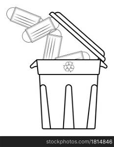 used medical masks fly into the bin, a container for recycling. End of pandemic, the victory over the virus, a protracted disease. Black and white icon