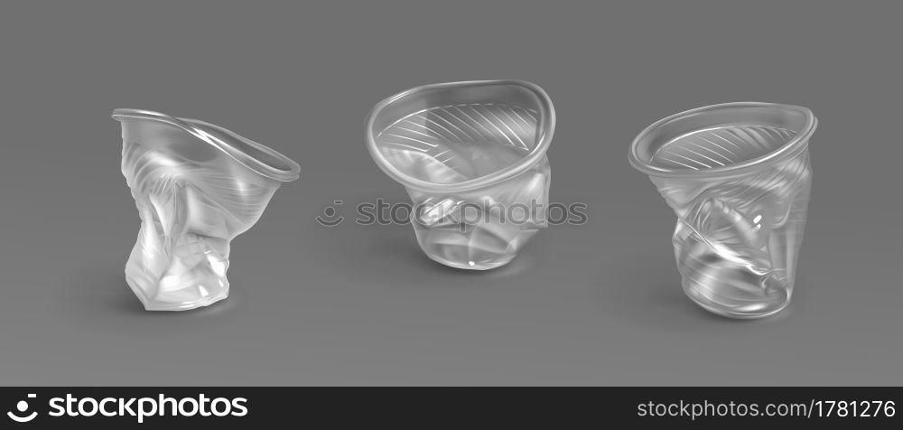 Used plastic cups, transparent disposable glasses. Vector realistic set of crumpled empty clear cups for water, juice, tea and drinks. Concept of recycle trash, discarded garbage. Used plastic cups, transparent disposable glasses