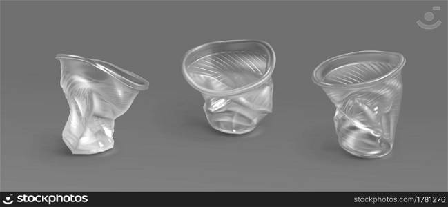 Used plastic cups, transparent disposable glasses. Vector realistic set of crumpled empty clear cups for water, juice, tea and drinks. Concept of recycle trash, discarded garbage. Used plastic cups, transparent disposable glasses
