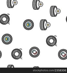 Used Tire Sale Shop Business Vector Seamless Pattern Thin Line Illustration. Used Tire Sale Shop Business Icons Set Vector