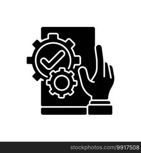 Useful black glyph icon. Software engineering. Mobile application development work. Program optimization. Testing technical operation. Silhouette symbol on white space. Vector isolated illustration. Useful black glyph icon