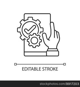 Useful linear icon. Software engineering. Mobile application development. Technical operation. Thin line customizable illustration. Contour symbol. Vector isolated outline drawing. Editable stroke. Useful linear icon