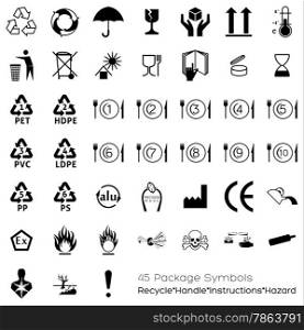 Useful symbols for industry that can be placed on packaging in oa??ra??der to provide information about the containing objects. Varied topics are covered: handling, storage, portions, expiry date, conformations, manufacturing.a??