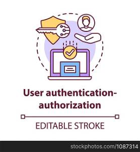 User authentication-authorization concept icon. Software development kit idea thin line illustration. Data encryption. Privacy protection. Vector isolated outline drawing. Editable stroke