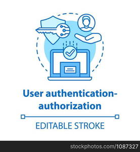 User authentication-authorization concept icon. Software development kit idea thin line illustration. Data encryption. Privacy protection. Vector isolated outline drawing. Editable stroke