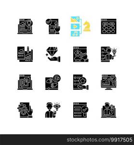 User experience black glyph icons set on white space. Content strategy. Target research. Prototyping website. SEO optimization. Creative thinking. Silhouette symbols. Vector isolated illustration. User experience black glyph icons set on white space