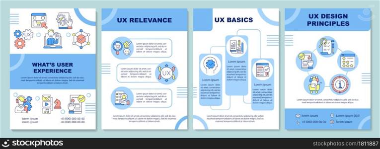 User experience brochure template. UX relevance. Design principles. Flyer, booklet, leaflet print, cover design with linear icons. Vector layouts for presentation, annual reports, advertisement pages. User experience brochure template