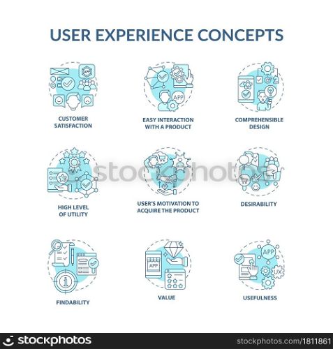 User experience concept icons set. Customer satisfaction idea thin line color illustrations. Comprehensible design. High utility level. Vector isolated outline drawings. Editable stroke. User experience concept icons set