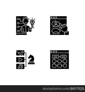 User experience improvement black glyph icons set on white space. Emotional design. Information architecture. SEO research. Website management. Silhouette symbols. Vector isolated illustration. User experience improvement black glyph icons set on white space