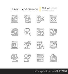 User experience linear icons set. Target research. Information architecture. Prototyping website. Customizable thin line contour symbols. Isolated vector outline illustrations. Editable stroke. User experience linear icons set