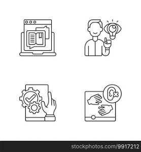 User experience management linear icons set. Storytelling for online blog. Website accessibility. Customizable thin line contour symbols. Isolated vector outline illustrations. Editable stroke. User experience management linear icons set