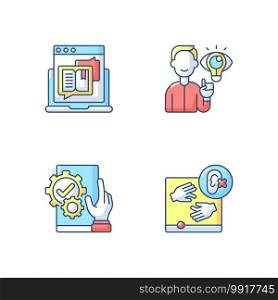 User experience management RGB color icons set. Storytelling for online blog. Website accessibility. Internet content. Creative thinking. Useful application. Isolated vector illustrations. User experience management RGB color icons set