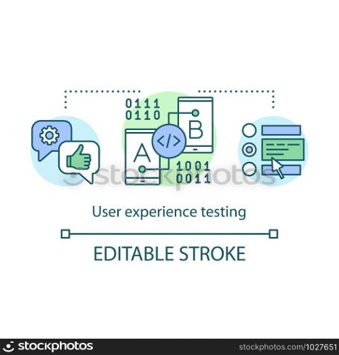 User experience testing concept icon. UX. Mobile software development. Digital technology. Application reviews idea thin line illustration. Vector isolated outline drawing. Editable stroke