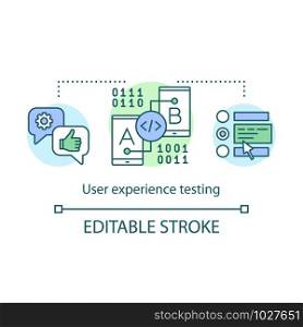 User experience testing concept icon. UX. Mobile software development. Digital technology. Application reviews idea thin line illustration. Vector isolated outline drawing. Editable stroke